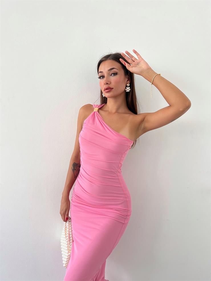 Tek Omuz Drape Detaylı Almeida Kadın Pembe Midi Elbise 23Y000612