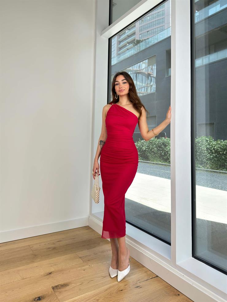 Tek Omuz Drape Detaylı Almeida Kadın Fuşya Midi Elbise 23Y000612