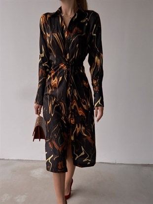 Midi Saten Boydan Düğmeli Desenli Alona Kadın Siyah Elbise 22K000494