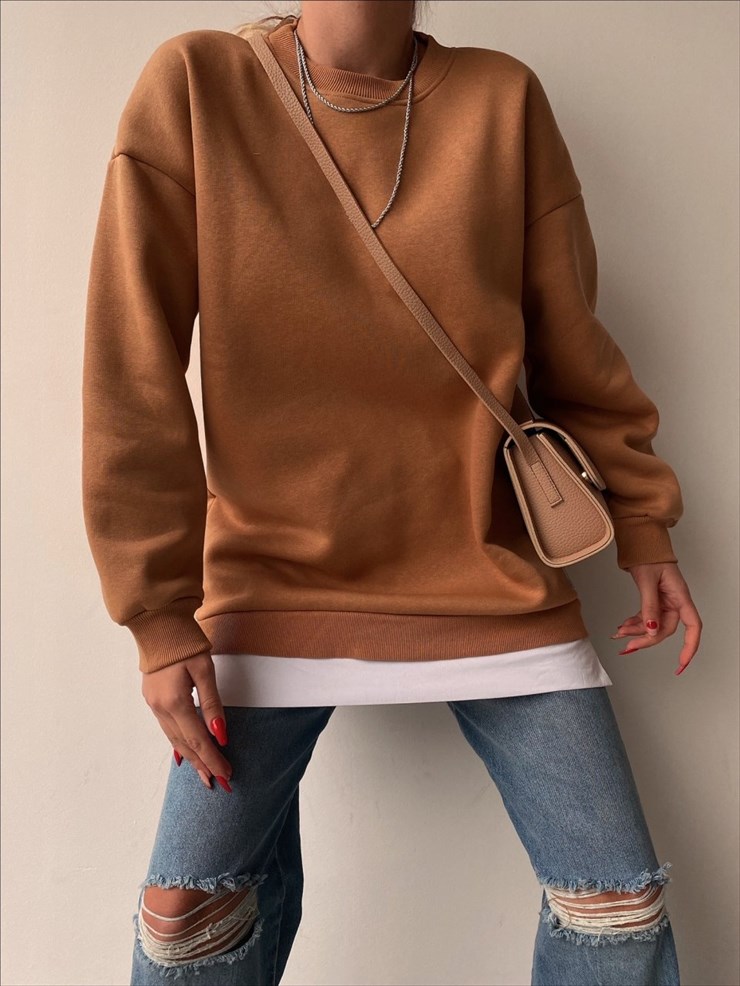 Alt Kısmı Beyaz Gömlek Parçalı Uzun Deanna Kadın Taba Sweat 22K000255