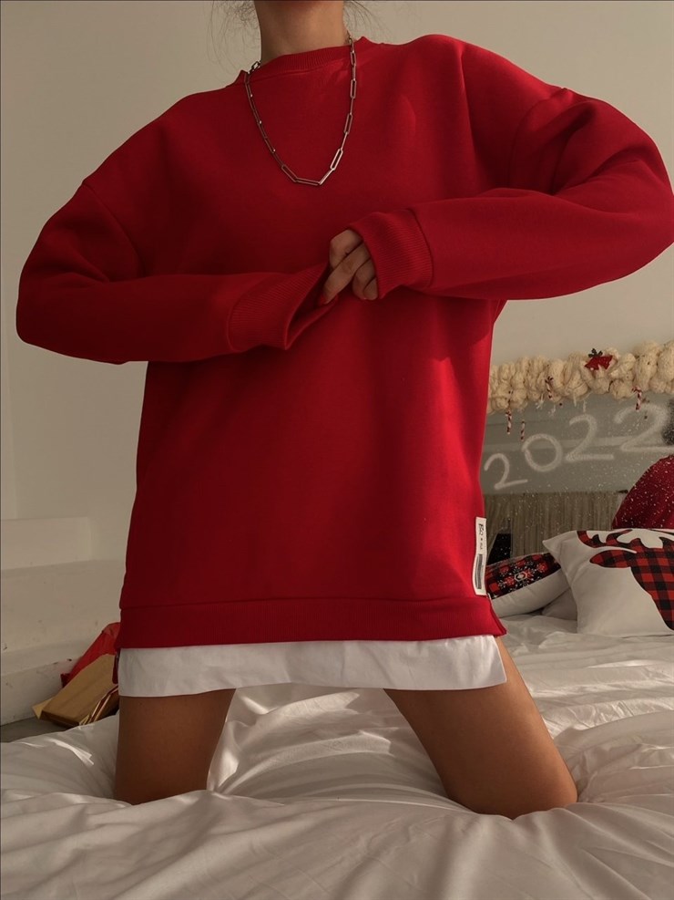 Alt Kısmı Beyaz Gömlek Parçalı Uzun Deanna Kadın Kırmızı Sweat 22K000255