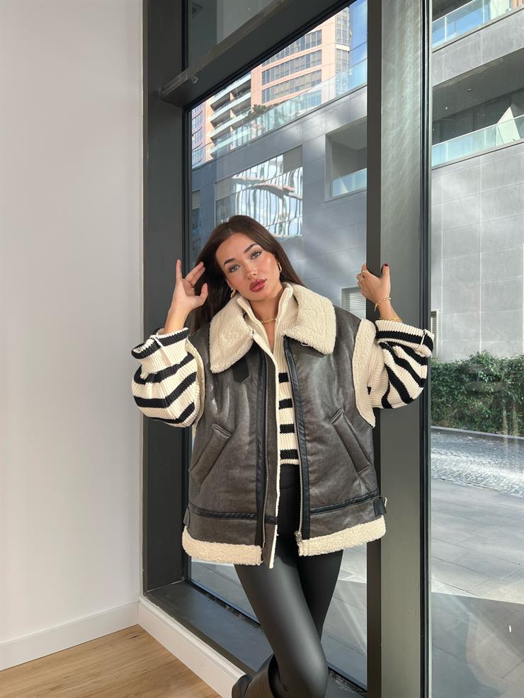 İçi Vegan Kürklü Yanları Kemer Detaylı Alveitar Kadın Antrasit Deri Yelek 24k000136