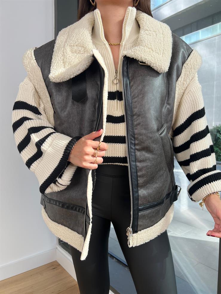 İçi Vegan Kürklü Yanları Kemer Detaylı Alveitar Kadın Antrasit Deri Yelek 24k000136