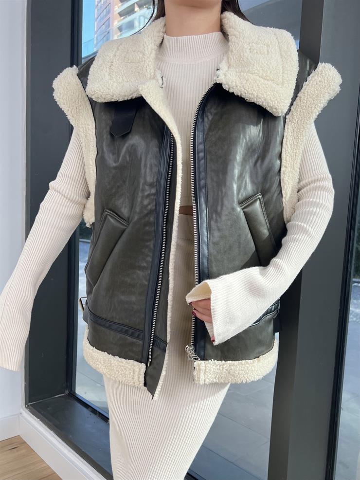 İçi Vegan Kürklü Yanları Kemer Detaylı Alveitar Kadın Haki Deri Yelek 24k000136