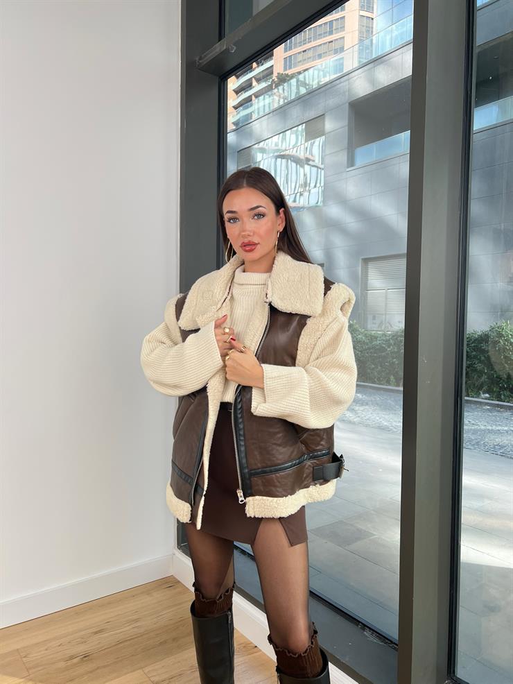 İçi Vegan Kürklü Yanları Kemer Detaylı Alveitar Kadın Kahve Deri Yelek 24k000136