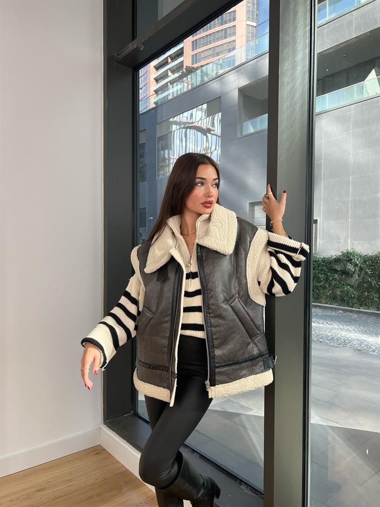 İçi Vegan Kürklü Yanları Kemer Detaylı Alveitar Kadın Antrasit Deri Yelek 24k000136