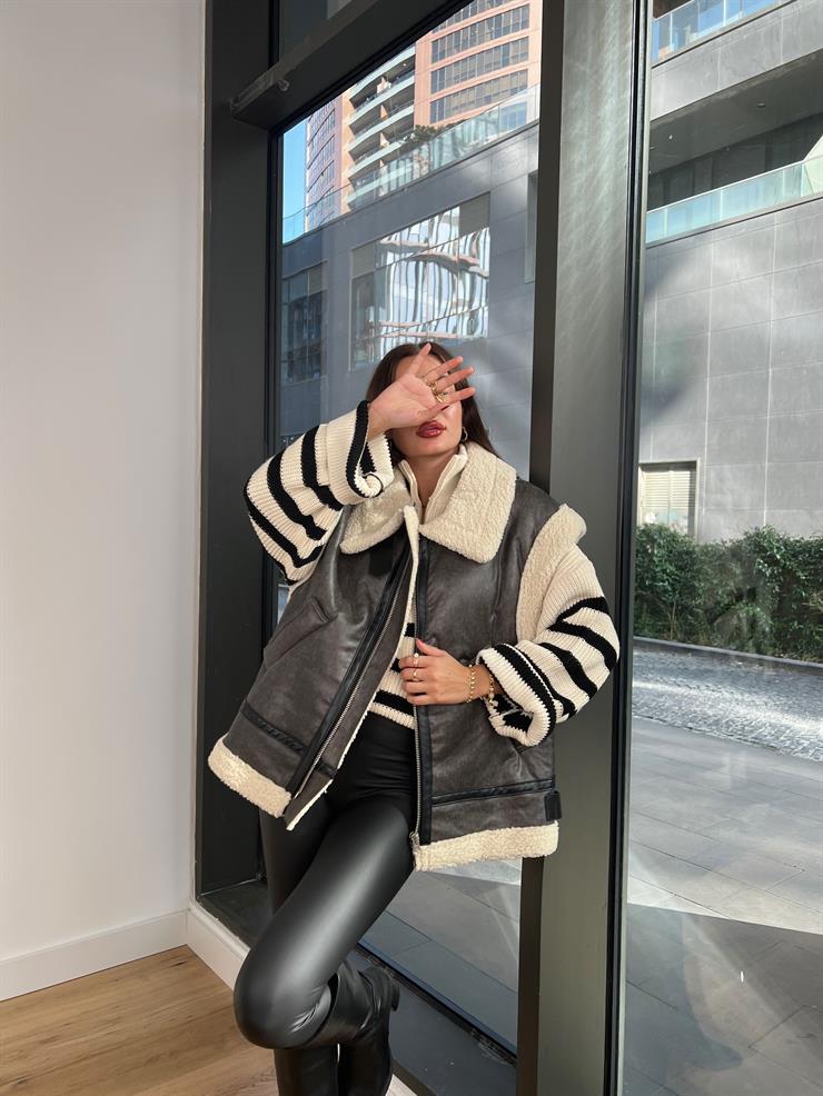 İçi Vegan Kürklü Yanları Kemer Detaylı Alveitar Kadın Antrasit Deri Yelek 24k000136