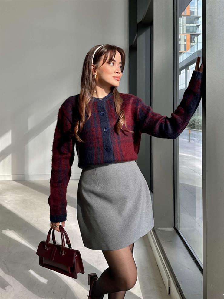 Desenli Önü Düğmeli Alvine Bordo Kadın Triko Hırka 26K206