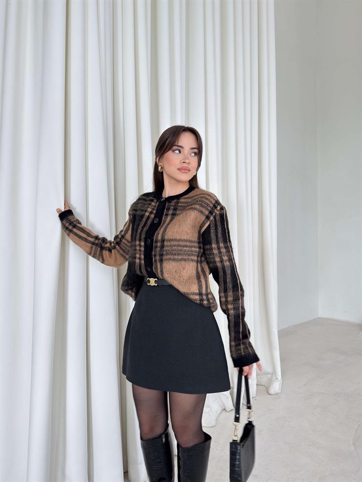 Desenli Önü Düğmeli Alvine Vizon Kadın Triko Hırka 26K206