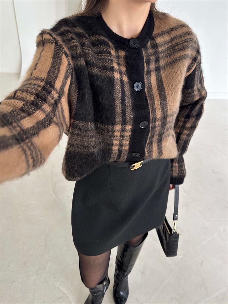 Desenli Önü Düğmeli Alvine Vizon Kadın Triko Hırka 26K206