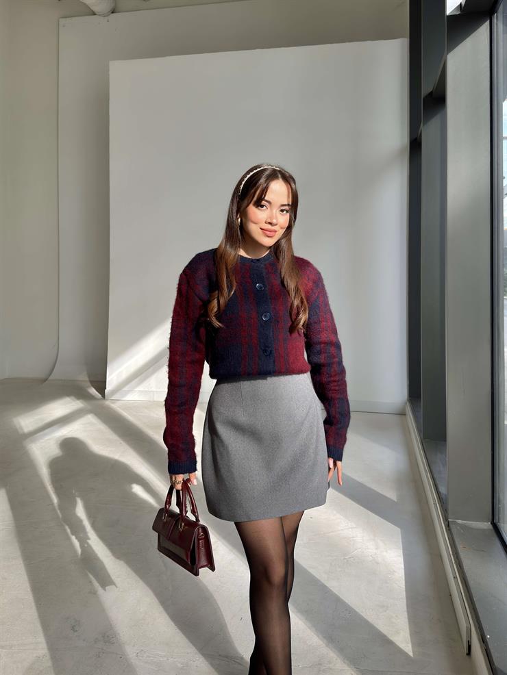 Desenli Önü Düğmeli Alvine Bordo Kadın Triko Hırka 26K206