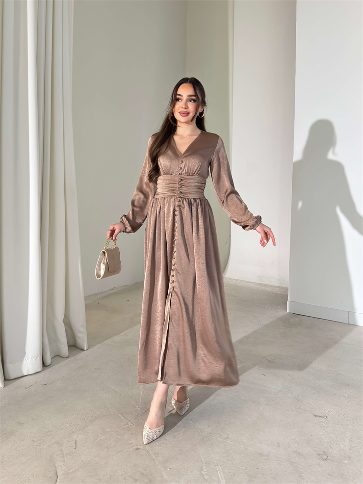 Belden Oturtmalı V Yaka Drapeli Önü Düğmeli Alvire Vizon Kadın Elbise 26Y031