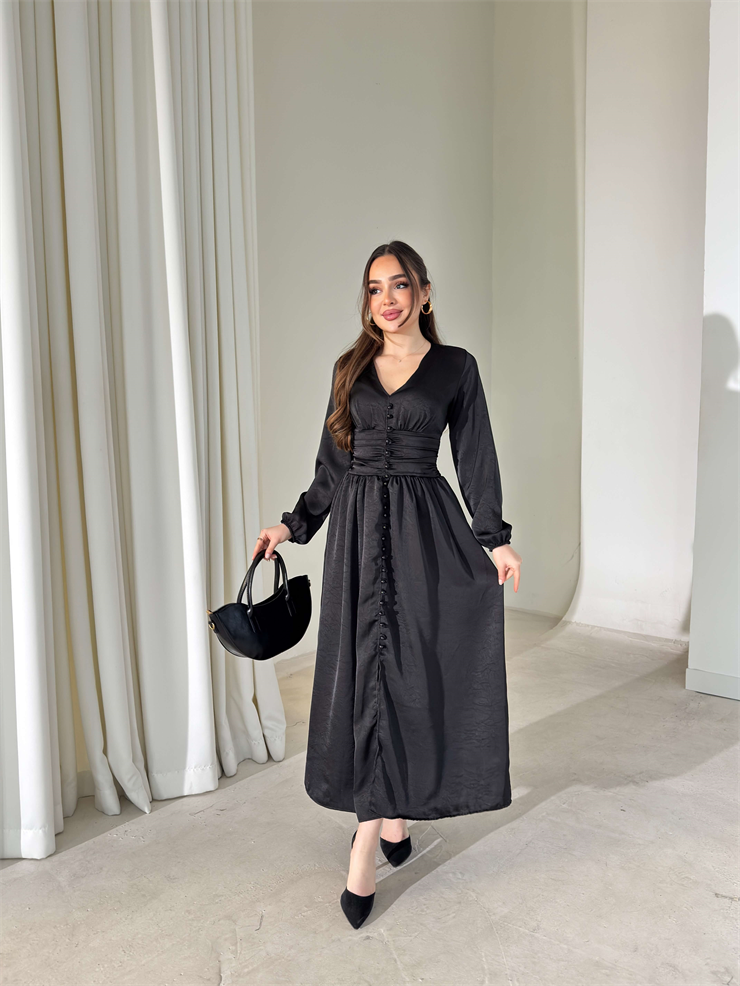 Belden Oturtmalı V Yaka Drapeli Önü Düğmeli Alvire Siyah Kadın Elbise 26Y031