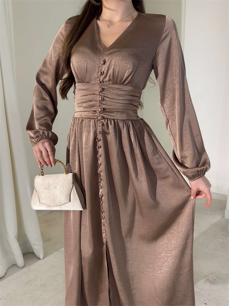 Belden Oturtmalı V Yaka Drapeli Önü Düğmeli Alvire Vizon Kadın Elbise 26Y031