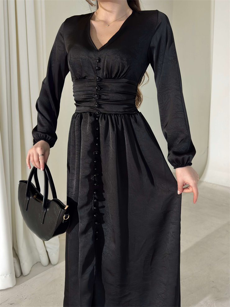 Belden Oturtmalı V Yaka Drapeli Önü Düğmeli Alvire Siyah Kadın Elbise 26Y031