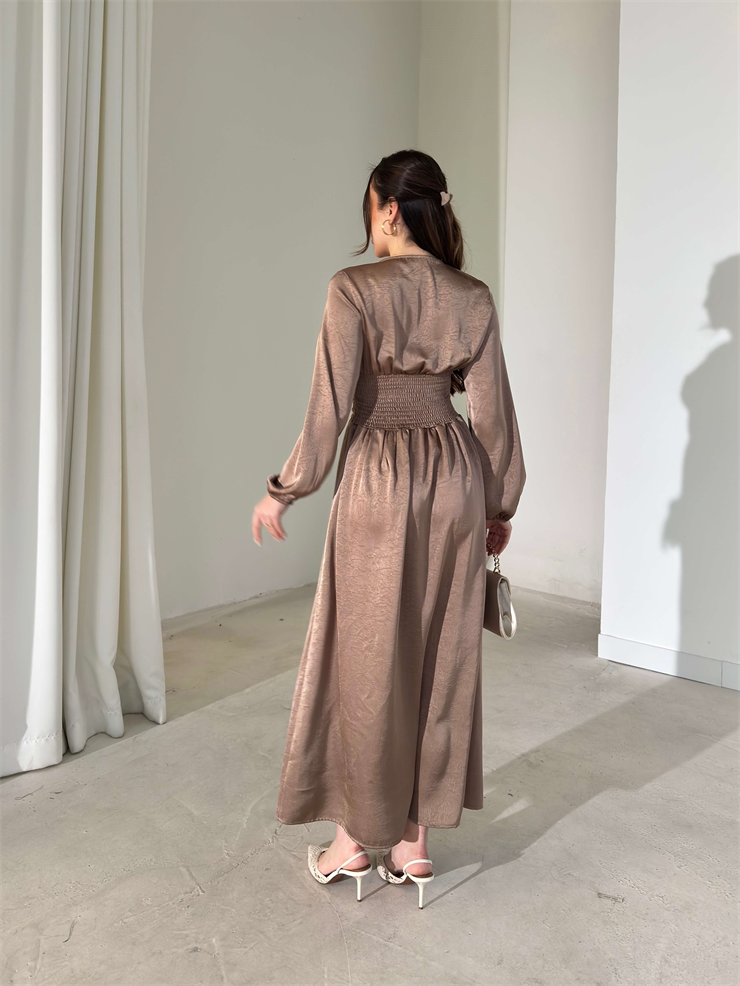 Belden Oturtmalı V Yaka Drapeli Önü Düğmeli Alvire Vizon Kadın Elbise 26Y031