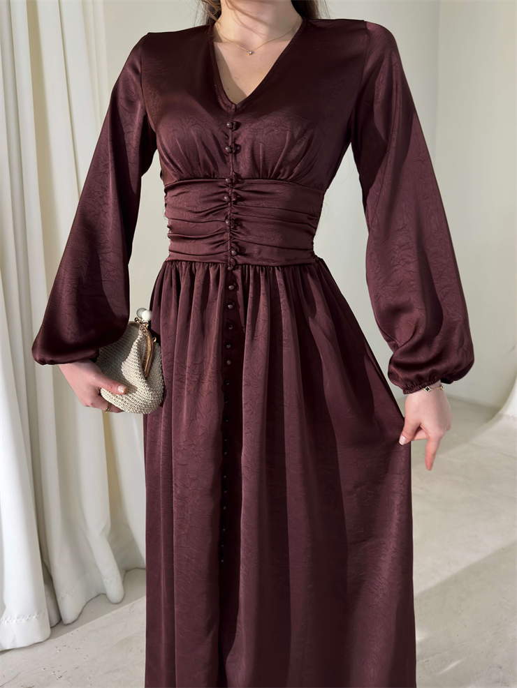 Belden Oturtmalı V Yaka Drapeli Önü Düğmeli Alvire Kahve Kadın Elbise 26Y031