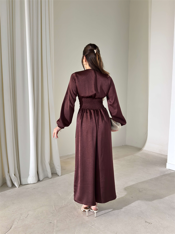 Belden Oturtmalı V Yaka Drapeli Önü Düğmeli Alvire Kahve Kadın Elbise 26Y031