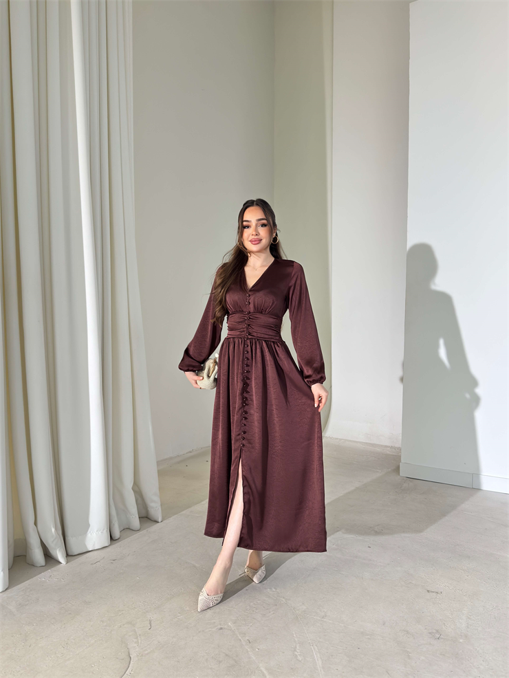 Belden Oturtmalı V Yaka Drapeli Önü Düğmeli Alvire Kahve Kadın Elbise 26Y031