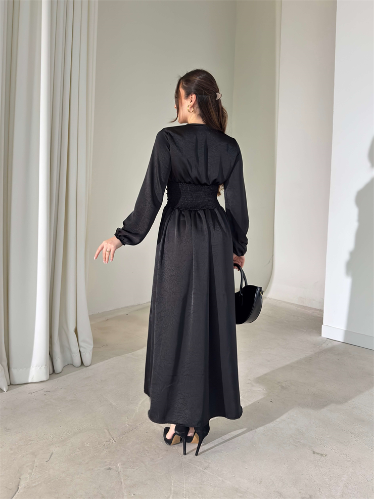 Belden Oturtmalı V Yaka Drapeli Önü Düğmeli Alvire Siyah Kadın Elbise 26Y031