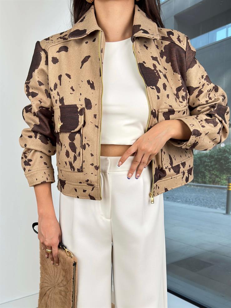 Yakalı Önü Fermuar Kapamalı Desenli Alvis Kahve Kadın Soft Crop Ceket 24Y860