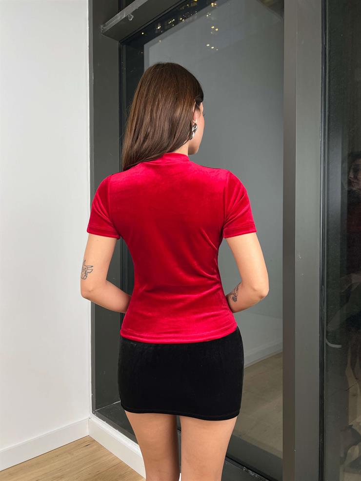 Yarım Boğazlı kısa Kollu Alyce Kadın Kırmızı Kadife Bluz 24k367