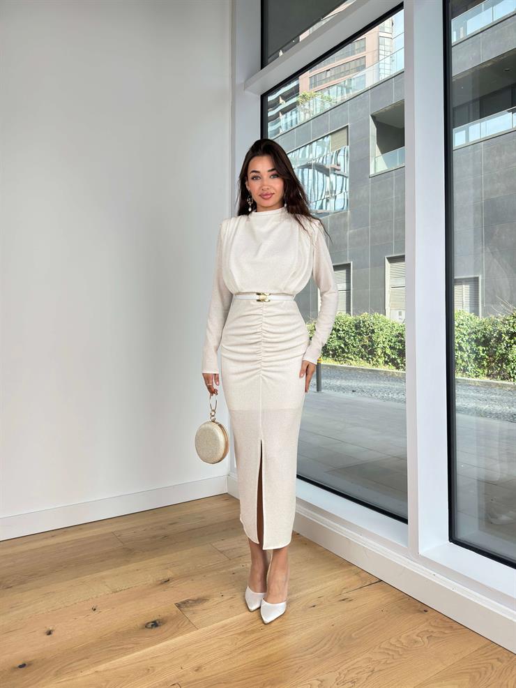 Uzun Kol Omuz Vatkalı Beli Kemerli Drapeli Alysa Beyaz Kadın Elbise 25K233