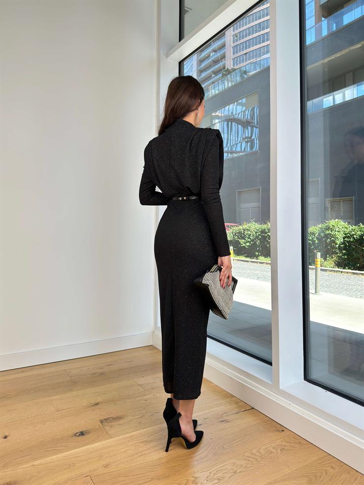 Uzun Kol Omuz Vatkalı Beli Kemerli Drapeli Alysa Siyah Kadın Elbise 25K233