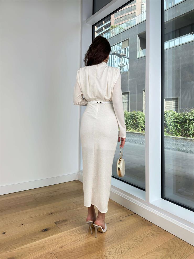 Uzun Kol Omuz Vatkalı Beli Kemerli Drapeli Alysa Beyaz Kadın Elbise 25K233