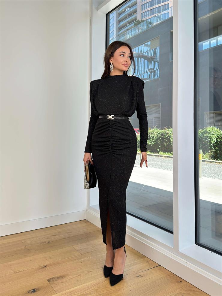 Uzun Kol Omuz Vatkalı Beli Kemerli Drapeli Alysa Siyah Kadın Elbise 25K233