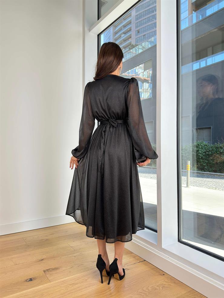 Kruvaze Yaka Uzun Tül Kol Beli Kemerli Alyssa Siyah Kadın Elbise 25K232