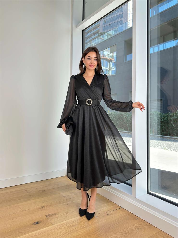 Kruvaze Yaka Uzun Tül Kol Beli Kemerli Alyssa Siyah Kadın Elbise 25K232