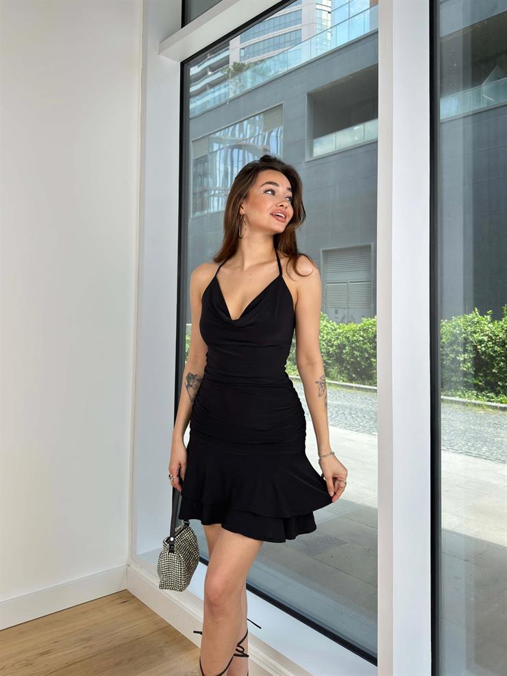 Boyundan Bağlamalı Degaje Yaka Drapeli  Amar Kadın Siyah Elbise 24Y564