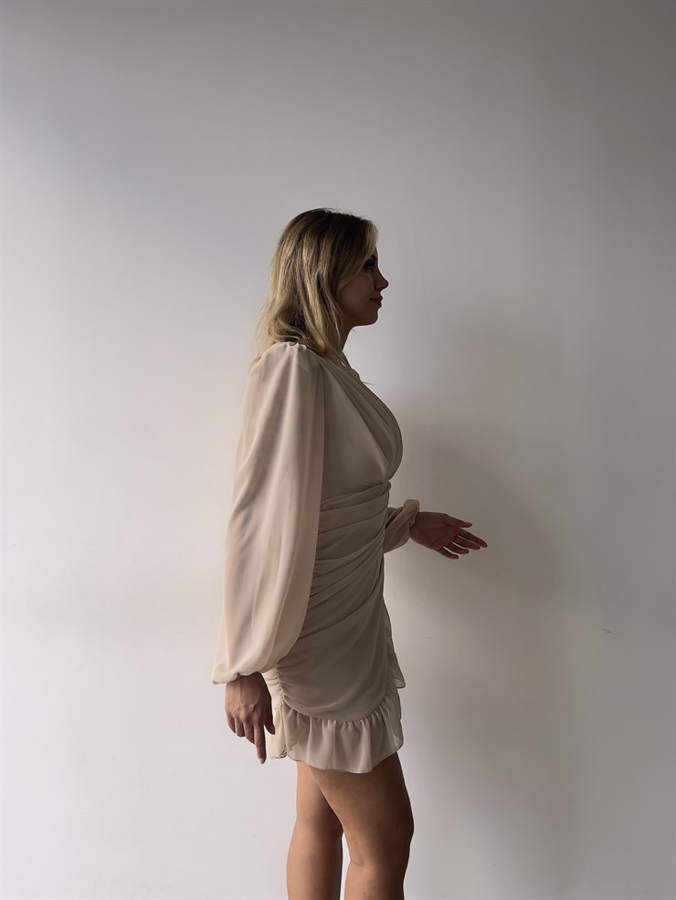 Kruvaze Yaka Drapeli Etek Kısmı Fırfırlı Amara Kadın Bej Mini Elbise 22Y000015