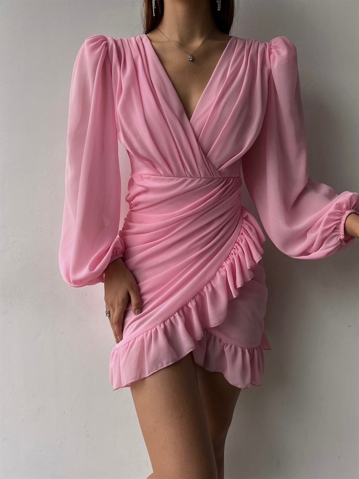 Kruvaze Yaka Drapeli Etek Kısmı Fırfırlı Amara Kadın Pembe Mini Elbise 22Y000015