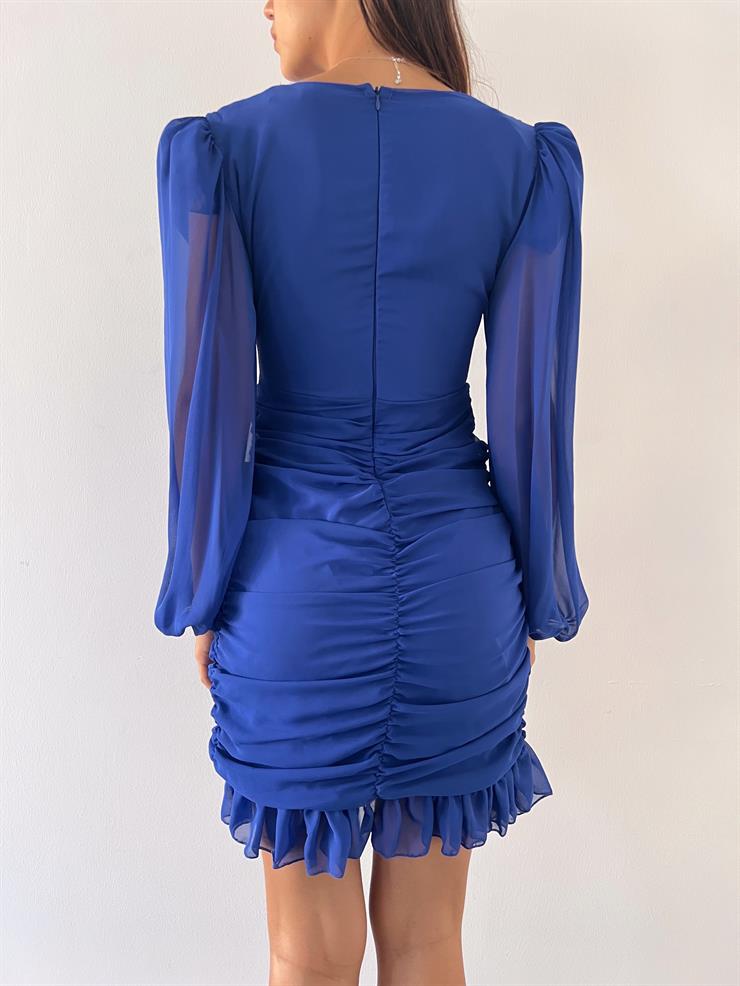 Kruvaze Yaka Drapeli Etek Kısmı Fırfırlı Amara Kadın Saks Mini Elbise 22Y000015