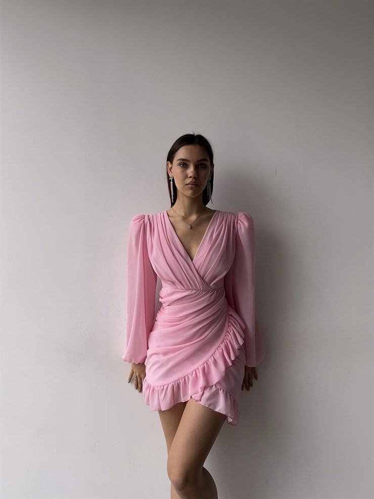 Kruvaze Yaka Drapeli Etek Kısmı Fırfırlı Amara Kadın Pembe Mini Elbise 22Y000015