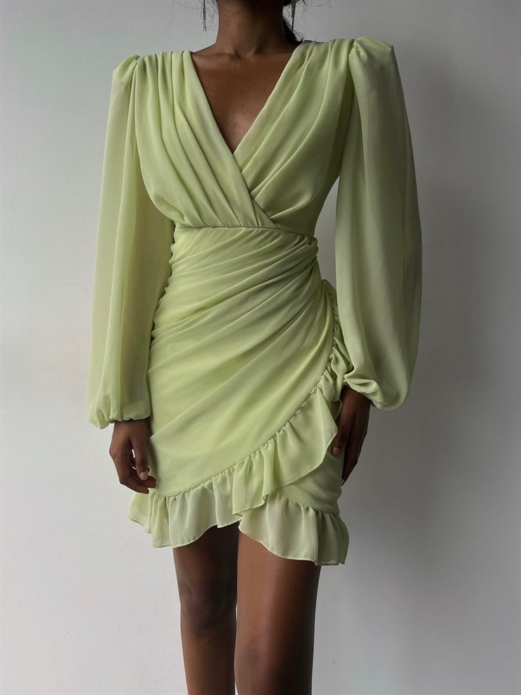 Kruvaze Yaka Drapeli Etek Kısmı Fırfırlı Amara Kadın Fıstık Yeşili Mini Elbise 22Y000015