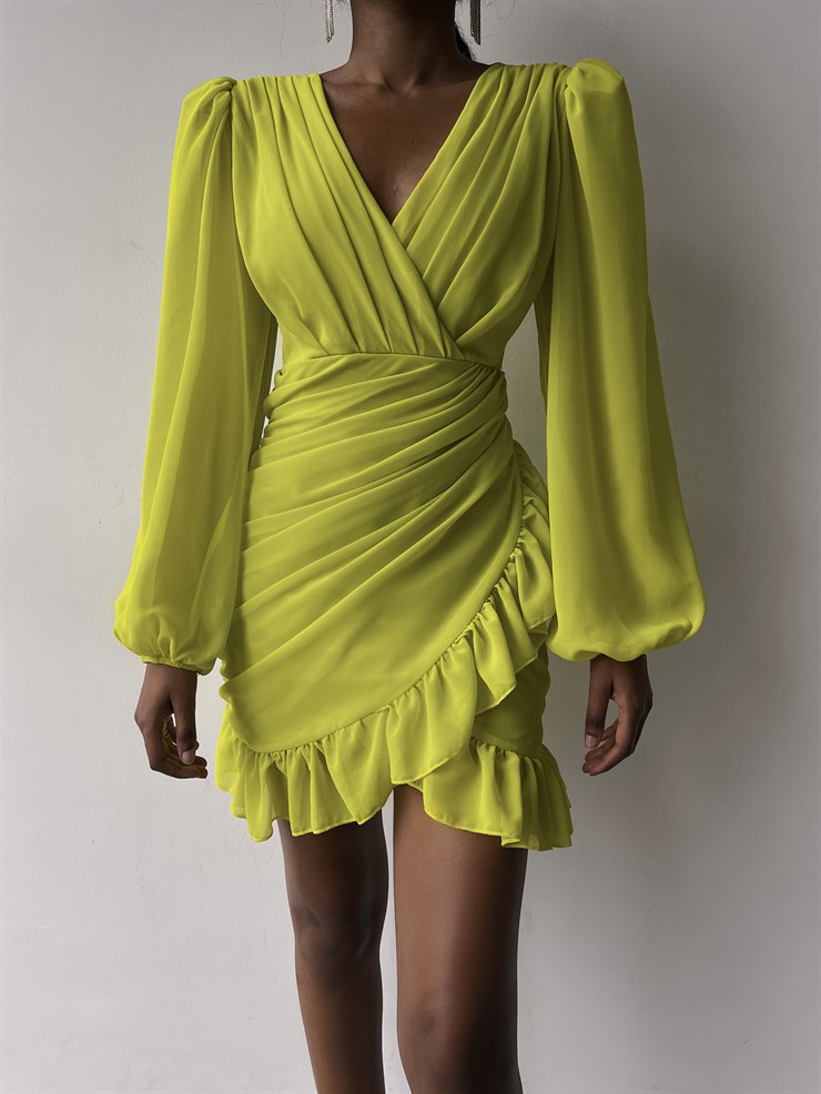 Kruvaze Yaka Drapeli Etek Kısmı Fırfırlı Amara Kadın Yağ Yeşili Mini Elbise 22Y000015