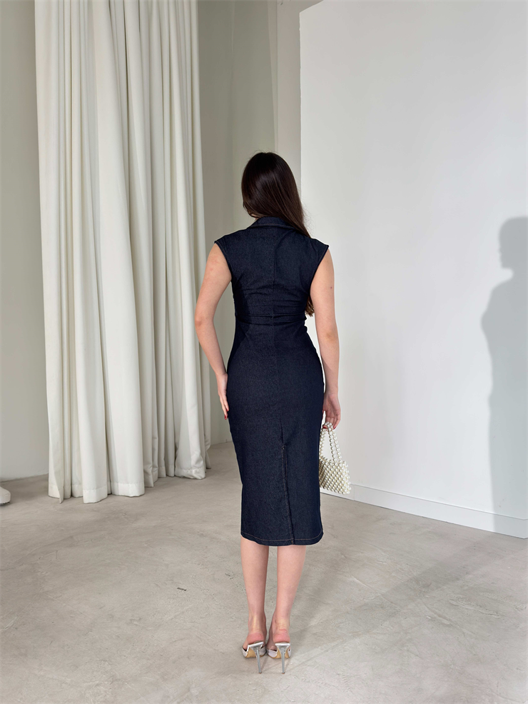 Önü Düğmeli Orta Boy Belden Oturtmalı Denim Lacivert Amara Kadın Elbise 26Y132