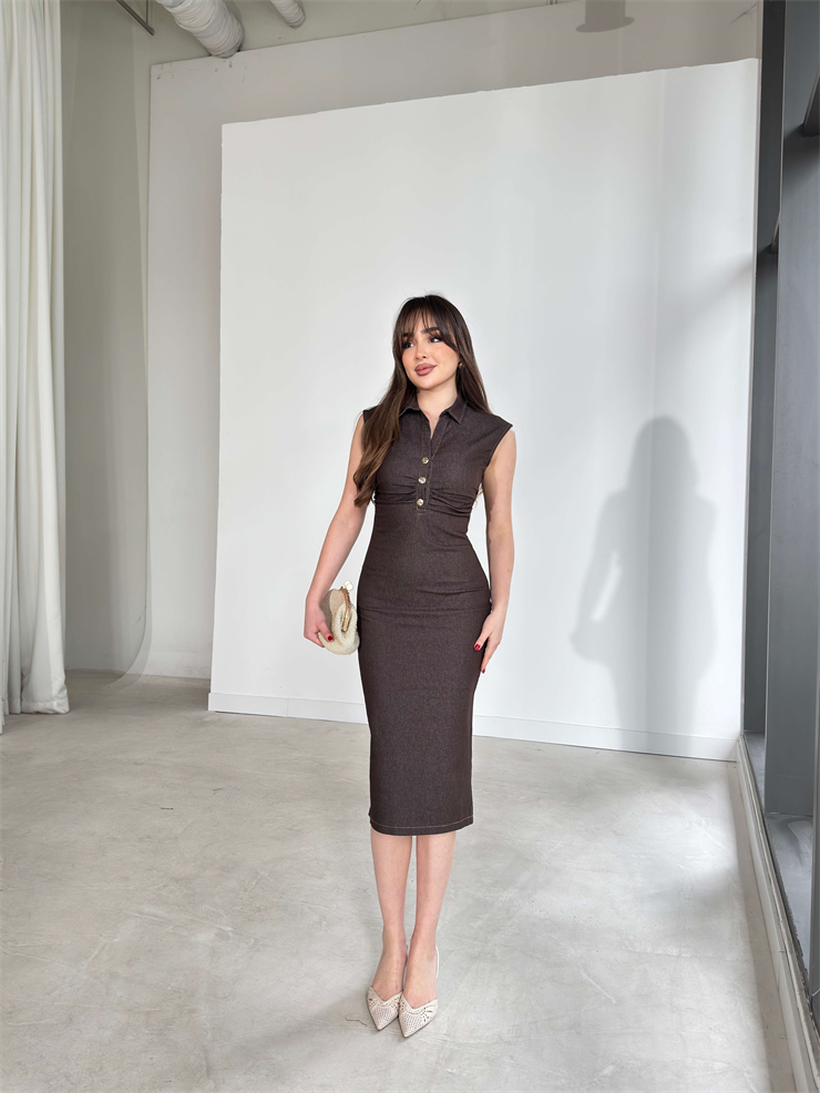 Önü Düğmeli Orta Boy Belden Oturtmalı Denim Kahverengi Amara Kadın Elbise 26Y132