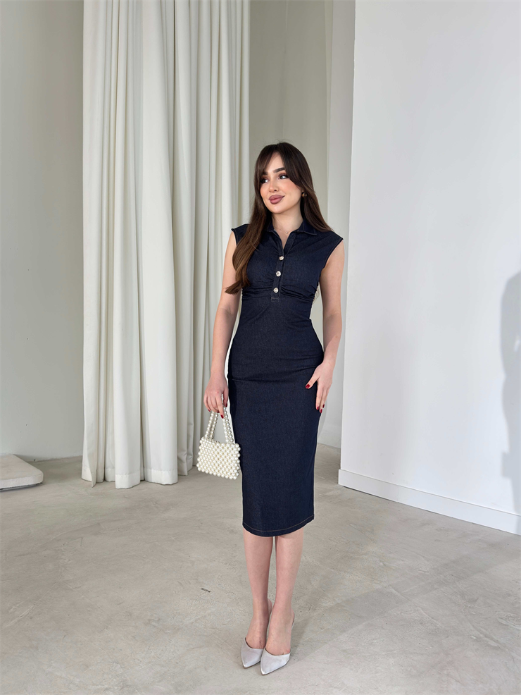 Önü Düğmeli Orta Boy Belden Oturtmalı Denim Lacivert Amara Kadın Elbise 26Y132