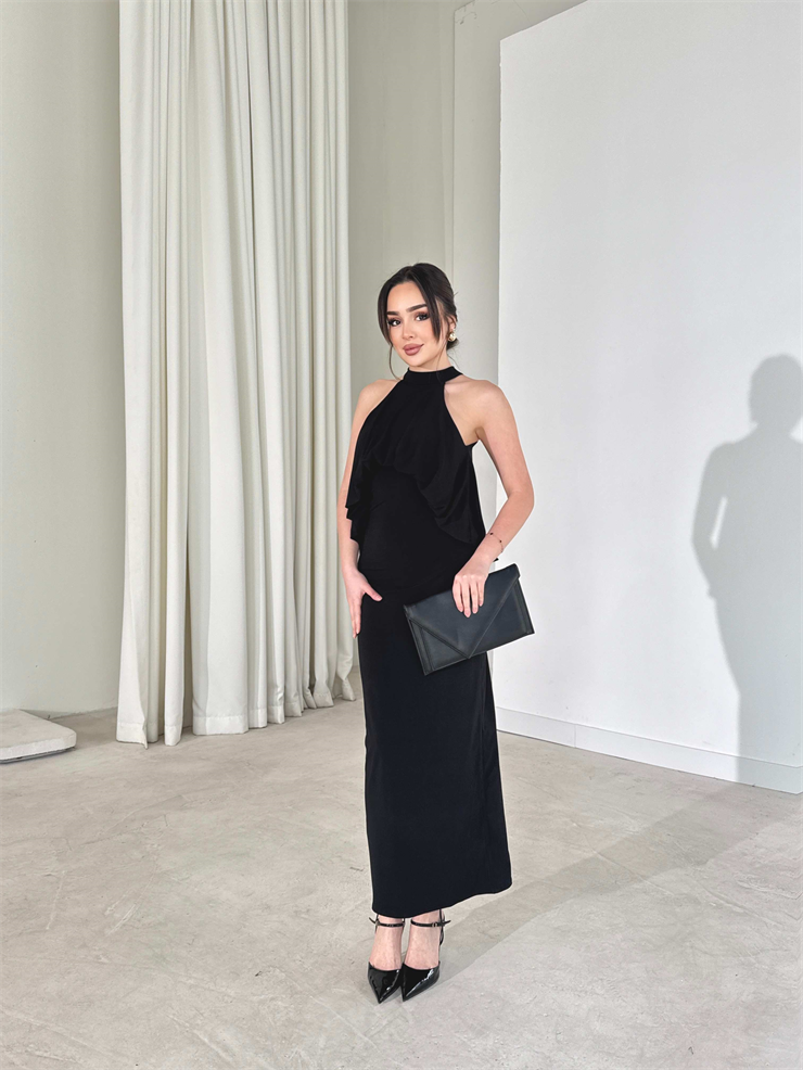 Boyundan Bağlamalı Belden Oturtmalı Maxi Siyah Amari Kadın Elbise 26Y164