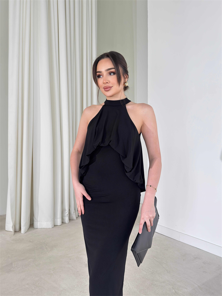 Boyundan Bağlamalı Belden Oturtmalı Maxi Siyah Amari Kadın Elbise 26Y164