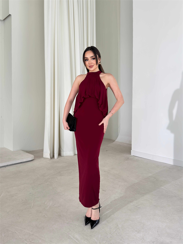 Boyundan Bağlamalı Belden Oturtmalı Maxi Bordo Amari Kadın Elbise 26Y164