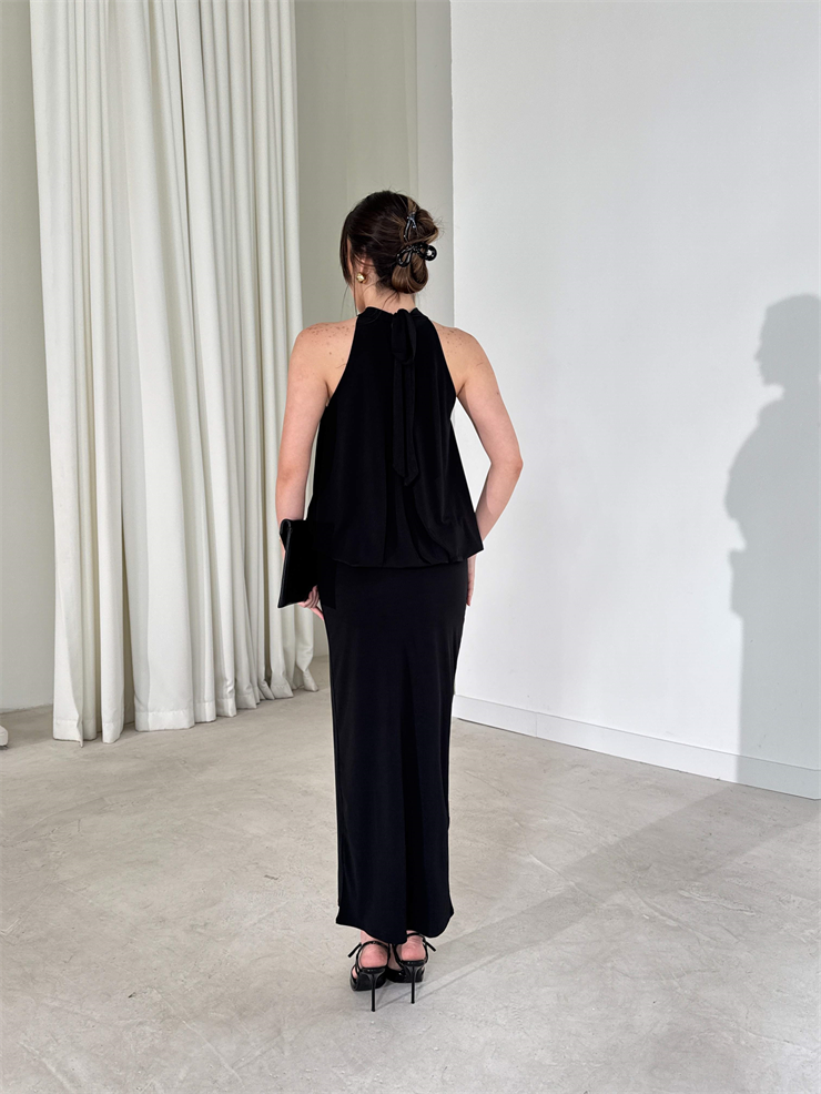 Boyundan Bağlamalı Belden Oturtmalı Maxi Siyah Amari Kadın Elbise 26Y164