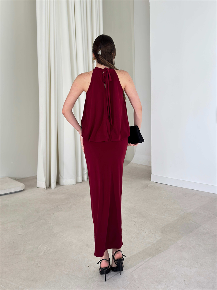 Boyundan Bağlamalı Belden Oturtmalı Maxi Bordo Amari Kadın Elbise 26Y164