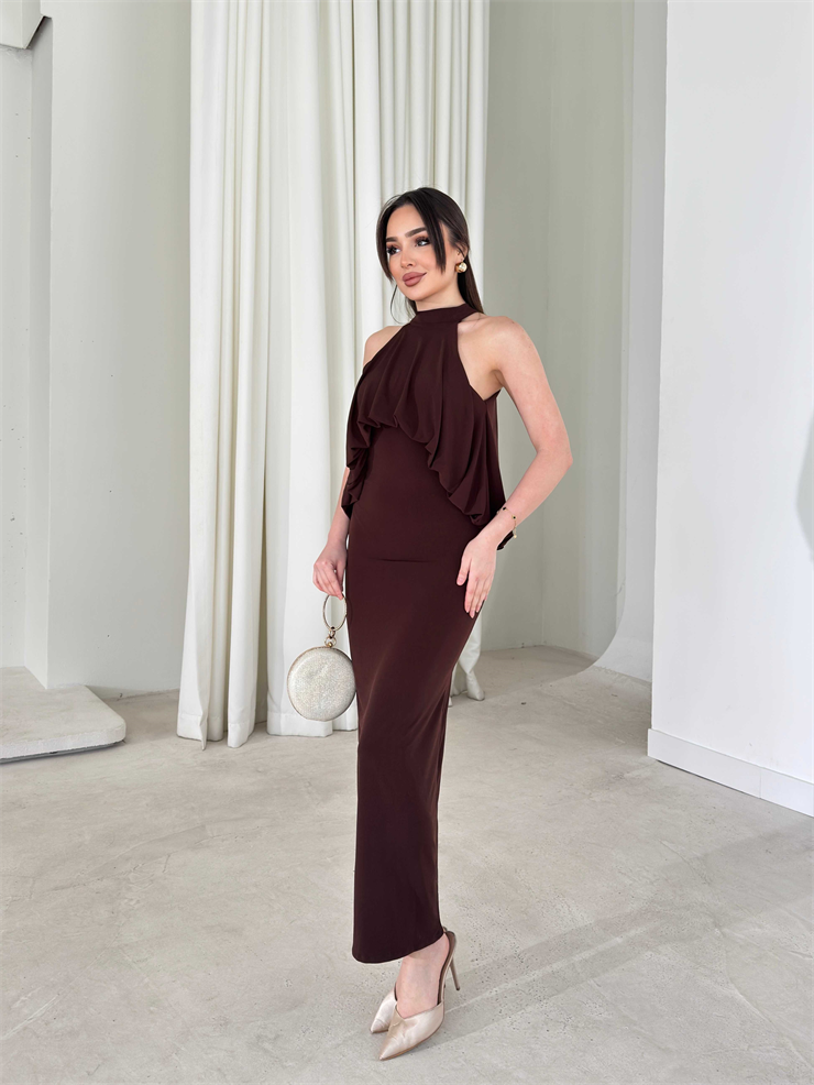 Boyundan Bağlamalı Belden Oturtmalı Maxi Kahverengi Amari Kadın Elbise 26Y164