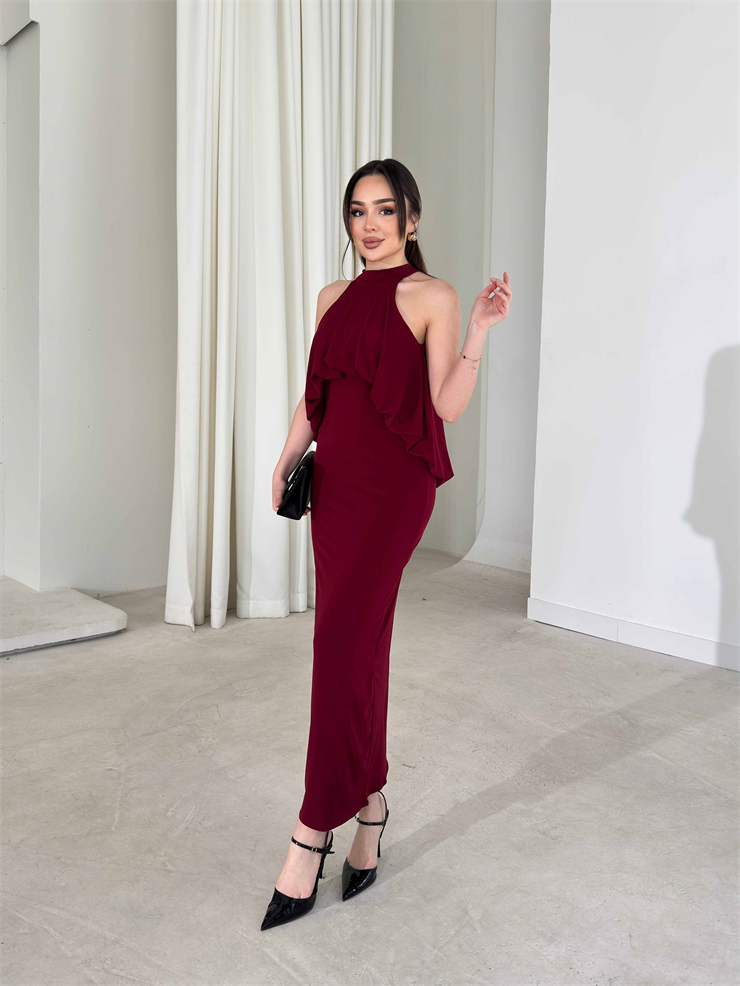 Boyundan Bağlamalı Belden Oturtmalı Maxi Bordo Amari Kadın Elbise 26Y164