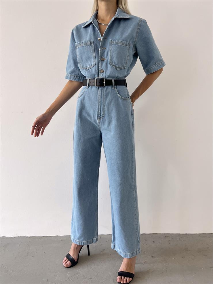 Gömlek Yaka Önü Düğmeli Amaris Kadın Mavi Kot Tulum 23Y000559